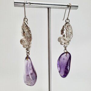 Sterling Silver 925 Amethyst Nugget Victorian Lady Dangle Earrings 3" Length